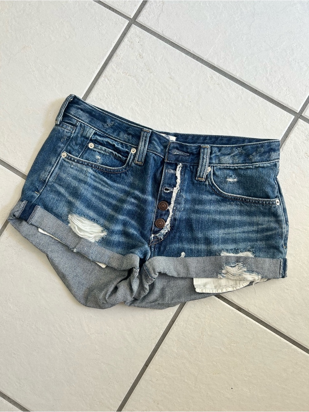 Free People Medium Wash Distressed Button-Front Jean Shorts - Blue